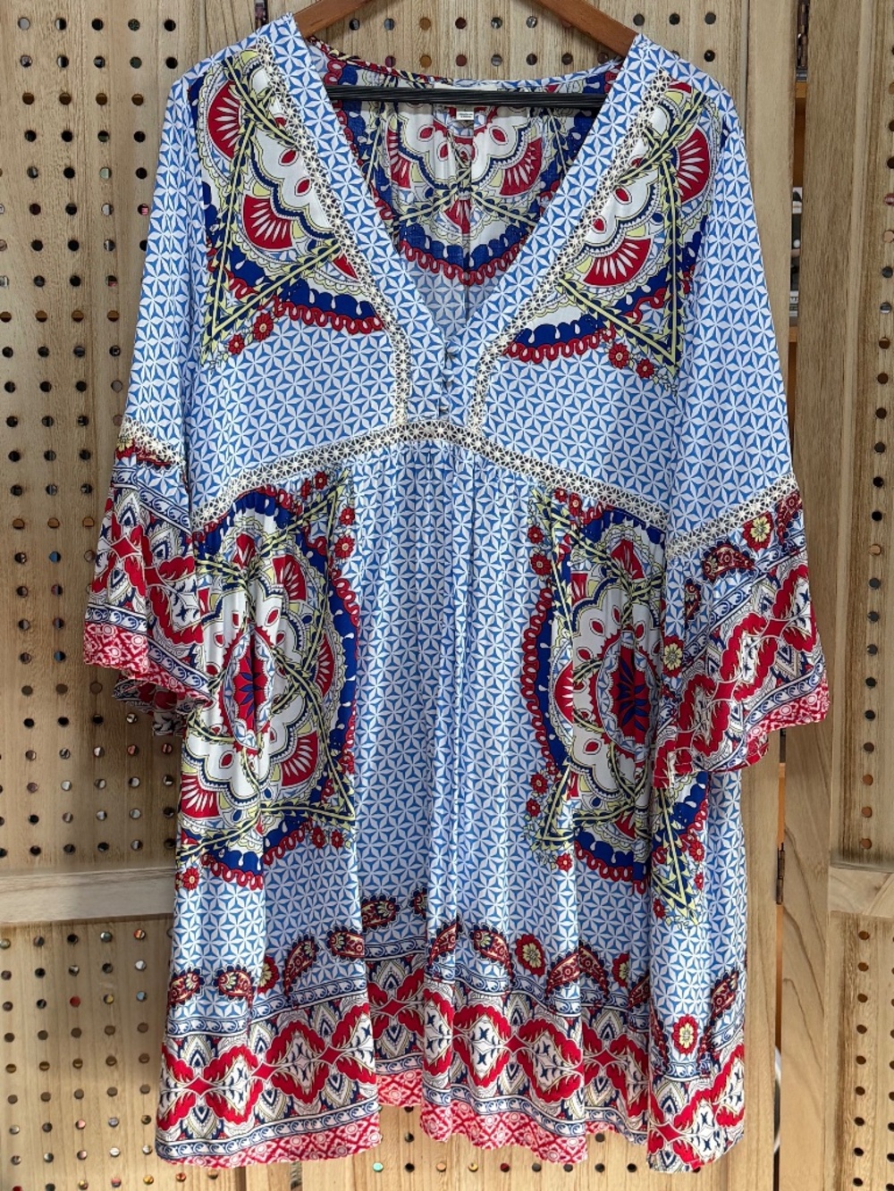 Umgee Boho Paisley Tunic Dress Blue Red Crochet Trim L